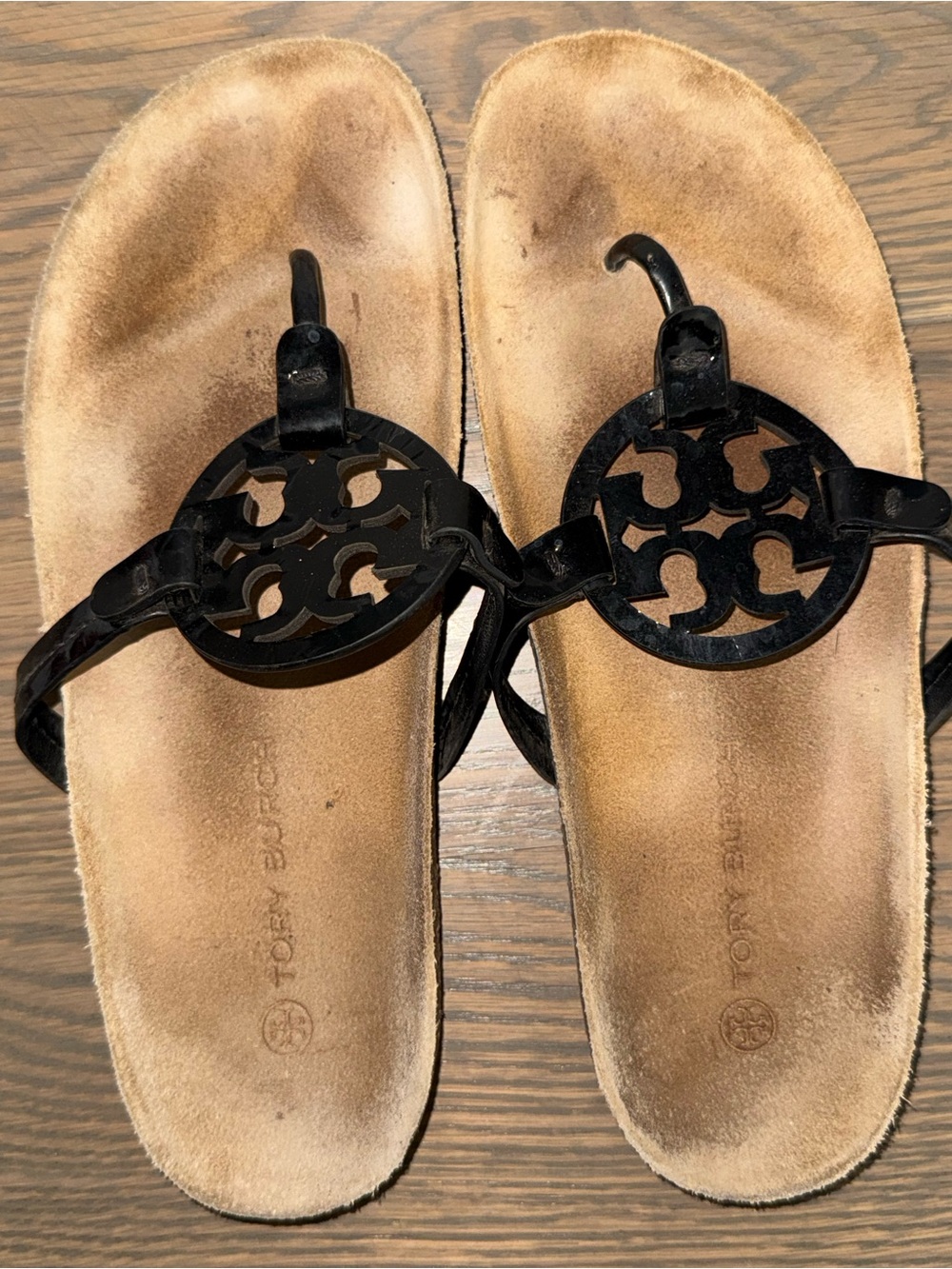 Tory Burch Black Logo Thong Sandals with Tan Footbed - Size 11